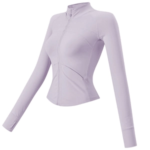 Veste de yoga lilas ajustée avec fermeture éclair, col montant et passe-pouces sportifs