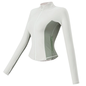 Women's light grey and olive green slim fit sports jacket with stand collar and zipper