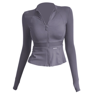 Giacca da yoga grigio scuro slim fit per donna con fori per i pollici e dettagli vita