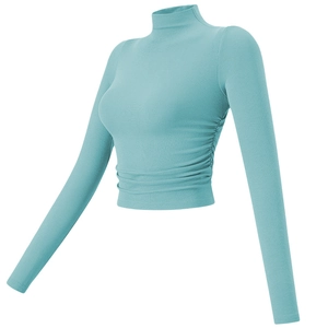 Slim fit light blue long sleeve yoga top with high collar and side ruching details
