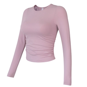Women Slim Fit Yoga Long Sleeve Top Integrated Chest Pad Ruched Side Ribbed Sports T-Shirt Moisture Wicking Fitness Top