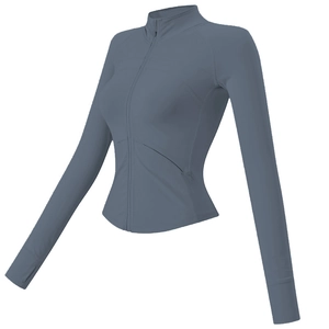 Veste de yoga slim pour femme en bleu brume avec fermeture éclair et passe-pouces