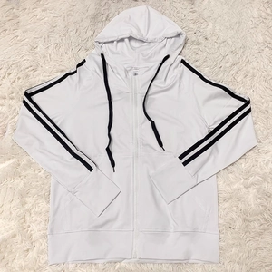 Slim fit white hooded yoga jacket with black stripes and thumbhole design on sleeves