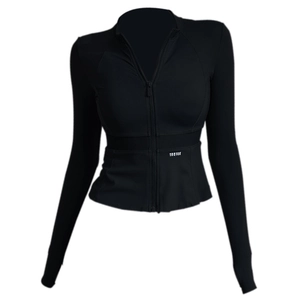 Giacca da yoga nera slim fit con cerniera integrale e collo alto per fitness autunnale