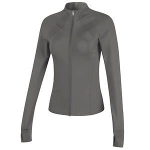 Slim fit women's dark grey thermal sports jacket with stand collar and zipper
