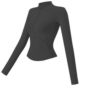 Veste de yoga gris foncé pour femme, coupe ajustée, fermeture éclair et passe-pouces