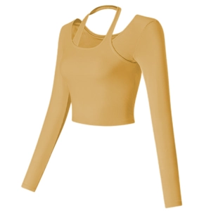 Slim fit ginger yellow ribbed yoga top with halter neck layered design and long sleeves