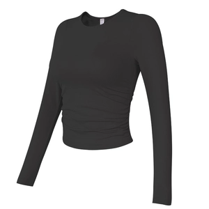Slim fit black ribbed long sleeve sports top with ruching details and built-in pads