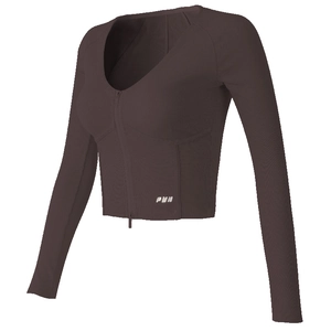 Slim fit dark brown long sleeve yoga top with V-neck and front zipper detailing