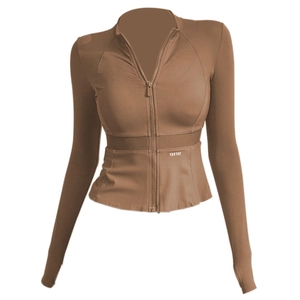 Giacca da yoga marrone slim fit con cerniera e fori per i pollici per lo sport donna