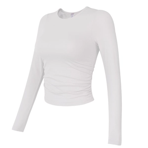 White slim fit long sleeve yoga t-shirt with side ruching and ribbed knit texture