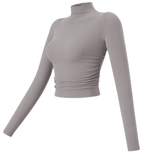 Slim fit dark grey ribbed yoga top with high collar and side ruching for women