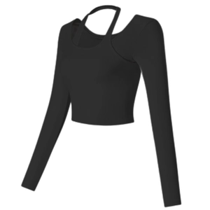 Slim fit black ribbed crop top with halter cutout design and long sleeves for yoga sports