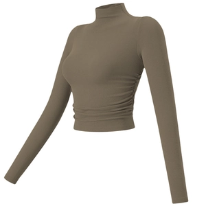 Slim fit high neck taupe ribbed long sleeve yoga top with ruched side detail