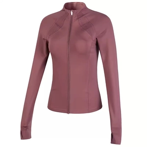 Slim fit long sleeve sports jacket with full zipper and thumb holes in dusty pink