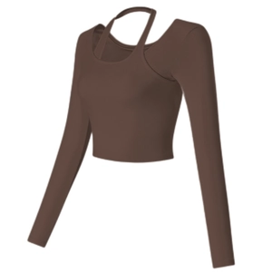Slim fit rib-knit long sleeve crop top with halter neck straps in deep coffee brown