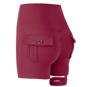 Dunkelrote High-Waist Yoga-Shorts mit Seitentaschen und Beinschleifen für Damen