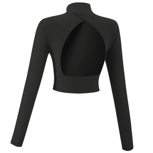 Close-up of black sports top featuring a high neck and teardrop back cutout detail