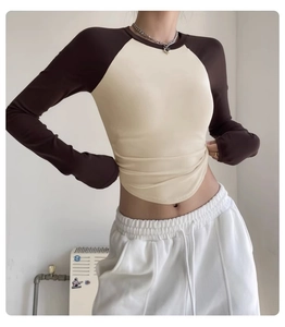 Detail of slim fit raglan crop top showing contrast sleeves and elastic sports fabric