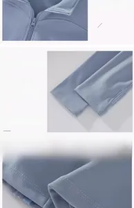 Détails de la veste de yoga bleu clair avec passants de pouce et ourlet incurvé