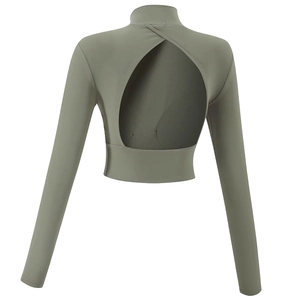 Sage green long sleeve yoga top with high neck and teardrop back cutout design