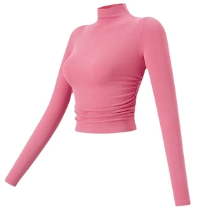 Pink mock neck ribbed crop top with side ruched detail and long sleeves for women