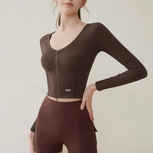 Women Yoga Top Ribbed Knit Long Sleeve Sports Shirt Double Zipper V-Neck Slim Fit Pilates Workout Athletic Top