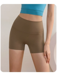 Détails du short de fitness taille haute avec contrôle élastique du ventre en brun foncé