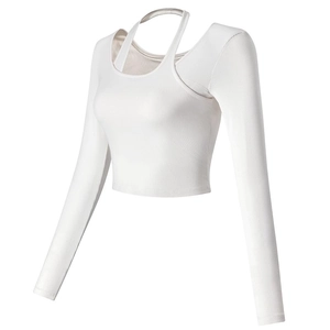 Women Sexy Halter Neck Long Sleeve Yoga Top Ribbed Crop Top With Chest Pads Slim Fit Moisture Wicking Sports Fitness Shirt