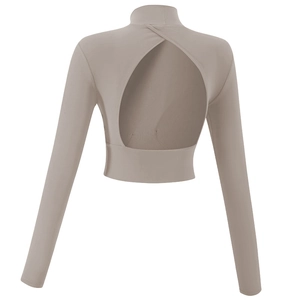 Slim fit long sleeve yoga crop top with high neck and open back cutout in taupe color