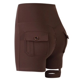 Braune High-Waist-Yoga-Cargo-Shorts mit Peach-Lift-Effekt und Seitentaschen-Detail