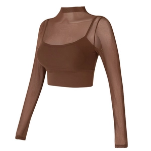 Haut de yoga court 2 pièces marron pour femme avec mesh à manches longues et coussinets