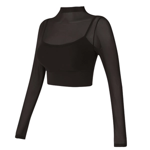 Haut de yoga noir effet deux pièces moulant avec maille et coussinets de poitrine