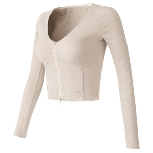 Slim fit long sleeve yoga top with double zipper V-neck and structured seams in beige