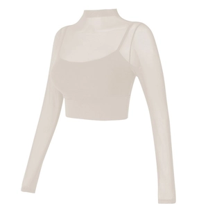 Top de Yoga Faux Deux Pièces pour Femmes Manches Longues en Maille avec Coussinets Poitrine Coupe Slim Respirant Crop Top