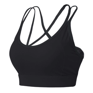 Detail of cross-back straps on black high-impact sports bra for yoga and pilates