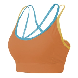 Detail of orange sports bra featuring contrast blue and yellow crossover back straps