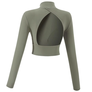 Slim fit long sleeve cropped yoga top with high neck and oval cutout back design
