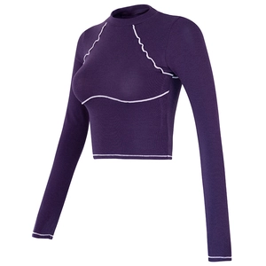 Women Slim Fit Yoga Long Sleeve Crop Top Contrast Stitching Activewear Sports Workout Gym Ribbed Fitness Training T-Shirt