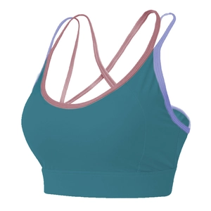 Peacock blue high-impact sports bra with pink and purple criss-cross straps for yoga