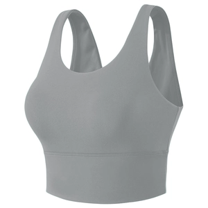 Grey high-impact sports bra with wide straps and seamless supportive band for yoga