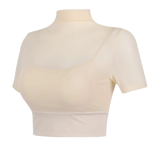 Women Short Sleeve Yoga Top With Integrated Chest Pad Mock Neck Mesh Patchwork Slim Fit Fitness Sports Training T-Shirt