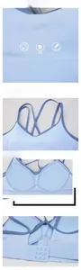 Detail of light blue sports bra with reinforced double straps and integrated cups
