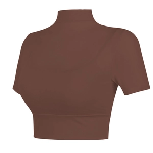 Dark brown high-neck yoga top with built-in pads and elastic waist support band