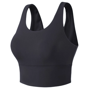 Black high-impact sports bra with wide straps for running and yoga fitness support