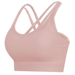 Pink ribbed sports bra with U-back design and cross straps for yoga and fitness training