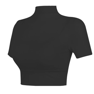 Slim fit black mock neck short sleeve yoga top with mesh detail and built-in chest pads