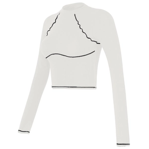 White long sleeve crop top with contrast black lettuce edge stitching for fitness training