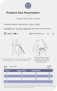 Detailed size chart for high-impact sports bra with bust measurements and sizing guide