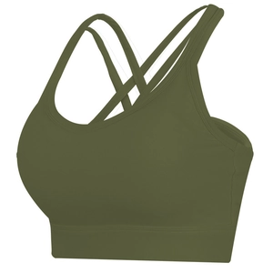Olive green ribbed sports bra with U-neck and X-back cross straps on a white background